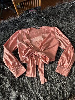 Lulus Cropped Tie-Front Satin Blouse in Dusty Rose